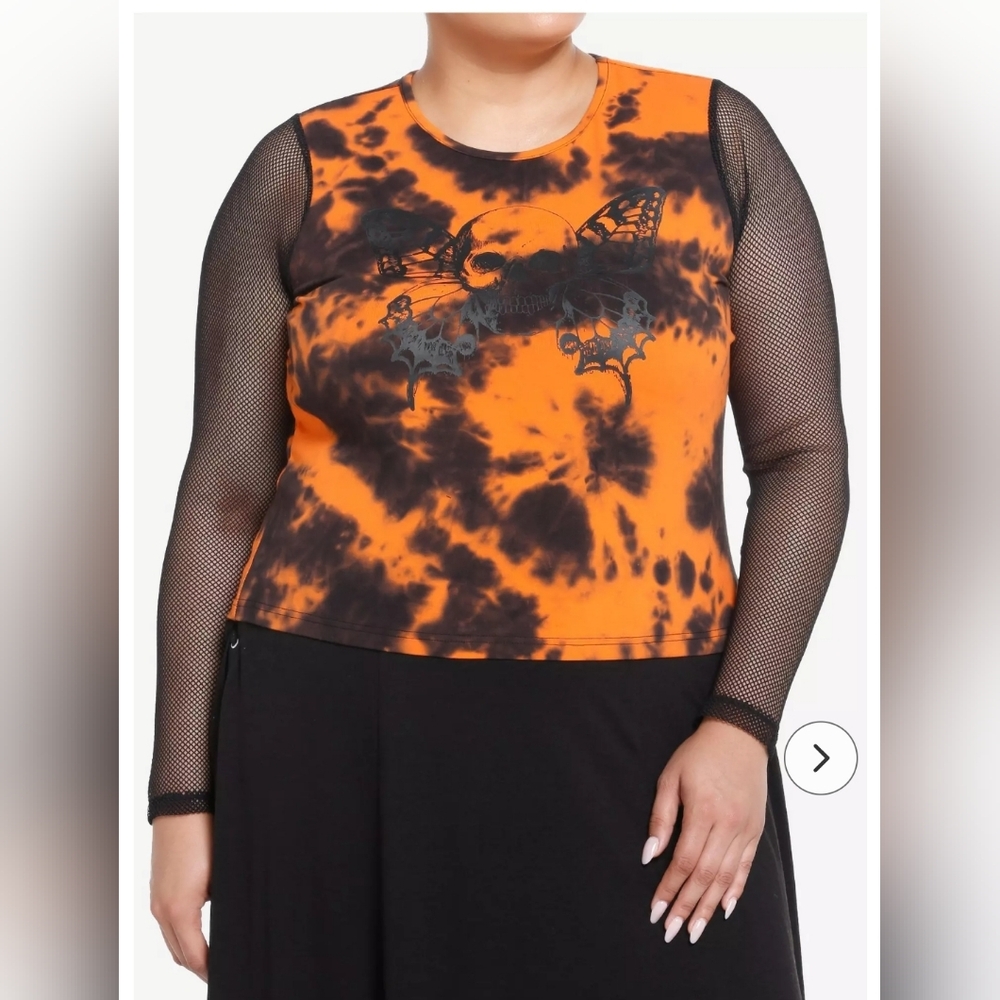4X Social Collision Winged Skull Fishnet Girls Crop Long-Sleeve Top Plus Size